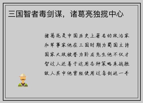 三国智者毒剑谋，诸葛亮独揽中心